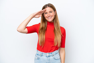 Fototapeta premium Young caucasian woman isolated on white background saluting with hand with happy expression