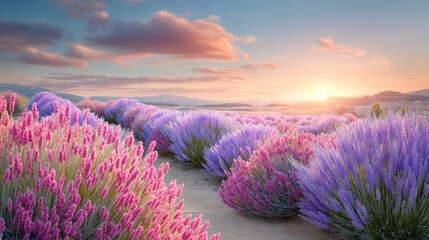 Obraz premium Stunning lavender field during sunset with vibrant pink and purple flowers