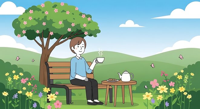 Farmer tending to blooming orchard on sunny day.