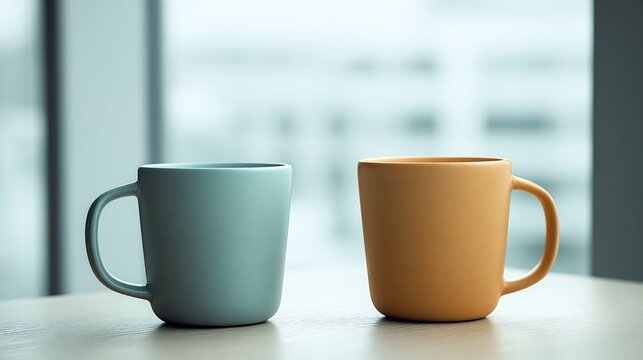 identical. Two identical coffee mugs on adjacent office desks, minimalist composition. pitch deck slides, case study pages, designed for corporate presentation decks and stakeholder reports.