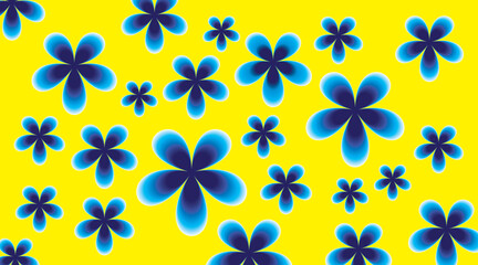 Fototapeta premium Neon Blue Glow Flower Vector Illustration Scattered Floral Blossom Bloom Botanical Design Yellow Background Banner Poster Card Print Wallpaper