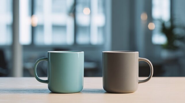 identical. Two identical coffee mugs on adjacent office desks, minimalist composition. pitch deck slides, case study pages, designed for corporate presentation decks and stakeholder reports.