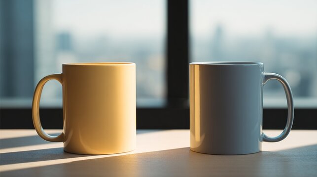 identical. Two identical coffee mugs on adjacent office desks, minimalist composition. pitch deck slides, case study pages, designed for corporate presentation decks and stakeholder reports.