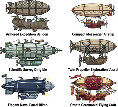 Collection of steampunk airship vector illustrations featuring various dirigibles blimps and fantasy flying machines for game assets