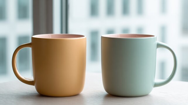 identical. Two identical coffee mugs on adjacent office desks, minimalist composition. pitch deck slides, case study pages, designed for corporate presentation decks and stakeholder reports.