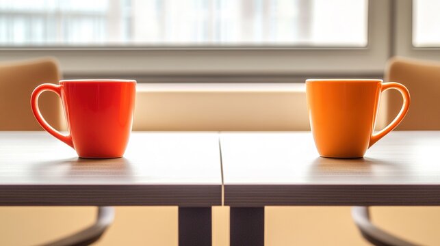 identical. Two identical coffee mugs on adjacent office desks, minimalist composition. pitch deck slides, case study pages, designed for corporate presentation decks and stakeholder reports.