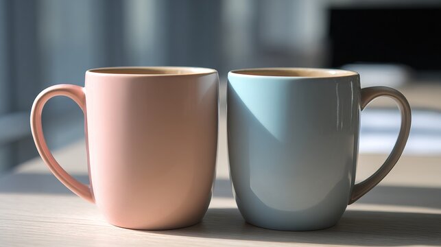 identical. Two identical coffee mugs on adjacent office desks, minimalist composition. pitch deck slides, case study pages, designed for corporate presentation decks and stakeholder reports.