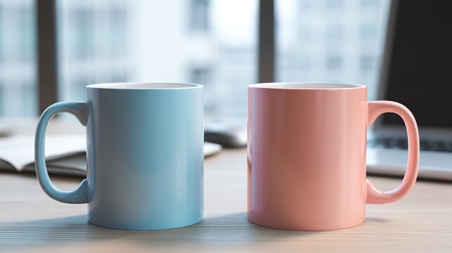 identical. Two identical coffee mugs on adjacent office desks, minimalist composition. pitch deck slides, case study pages, designed for corporate presentation decks and stakeholder reports.