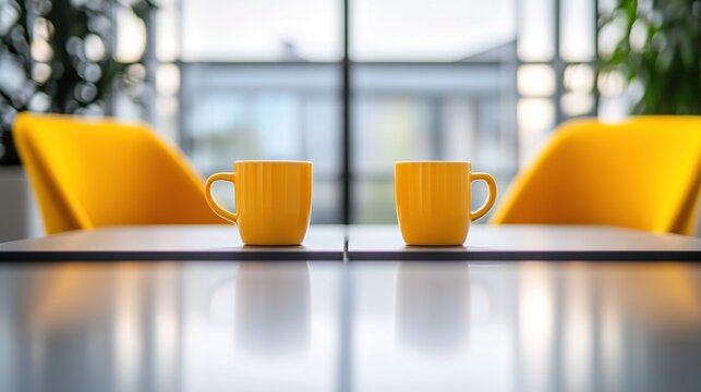 identical. Two identical coffee mugs on adjacent office desks, minimalist composition. pitch deck slides, case study pages, designed for corporate presentation decks and stakeholder reports.