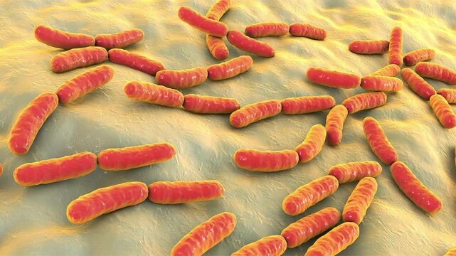 Lactobacillus bacteria, 3D animation showing rod-shaped probiotic bacilli attached to mucosal epithelial surface.