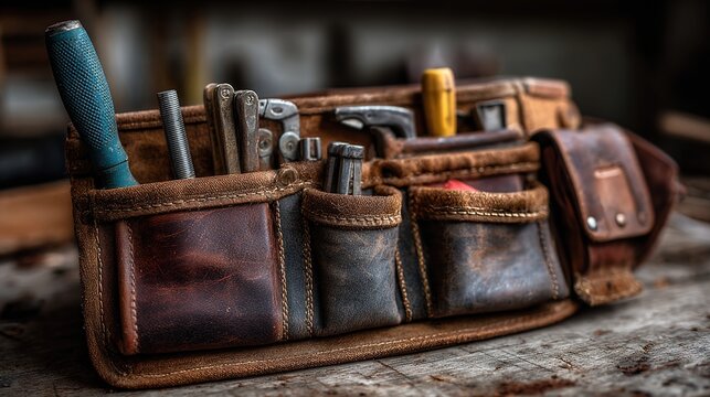 belt. Worn leather tool belt with organized tools on a workshop surface. safety posters, maintenance manuals, designed for industrial assembly lines and welding operations, supports safety.