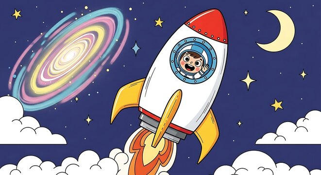 Colorful illustration of a rocket ship launching into space.