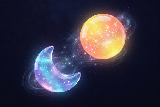 glossy glass sun and moon in outer space