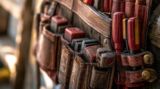belt. Worn leather tool belt with organized tools on a workshop surface. safety posters, maintenance manuals, designed for industrial assembly lines and welding operations, supports safety.