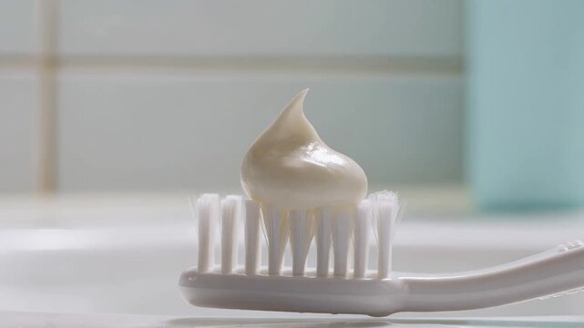 Close-up of a hand squeezing toothpaste from a tube onto the bristles of a white toothbrush, illustrating a daily dental care and oral hygiene routine in a bathroom