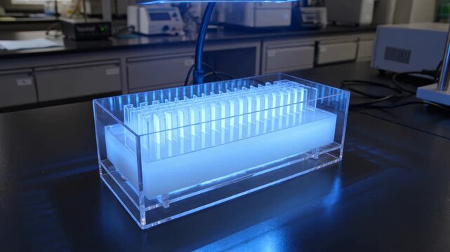 Photocatalytic reactor performing a chemical reaction with a blue light catalyst inside a scientific laboratory, illustrating advanced material science and technology