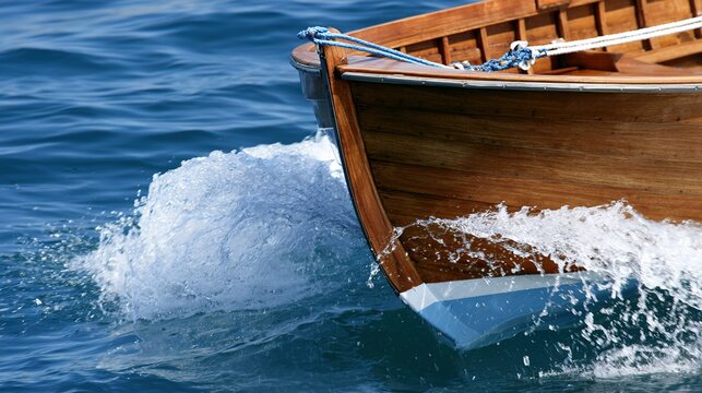 hull. Classic wooden fishing boat cutting through calm, deep blue sea water. mobility guides, transit brochures, designed for transport & logistics marketing, used by real estate agents.
