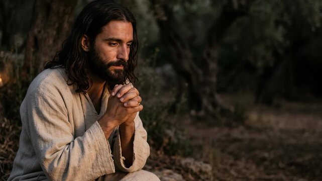 Jesus Christ wearing traditional beige robes praying alone in the ancient olive garden of Gethsemane showing deep sorrow holy faith devotion and spiritual surrender before the biblical crucifixion