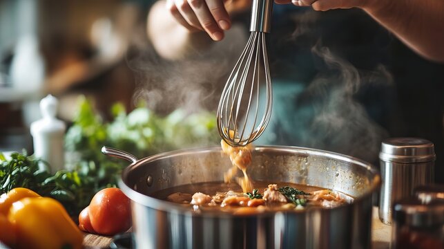 A chef skillfully whisks a creamy soup in a stainless steel pot, creating a culinary masterpiece with fresh ingredients