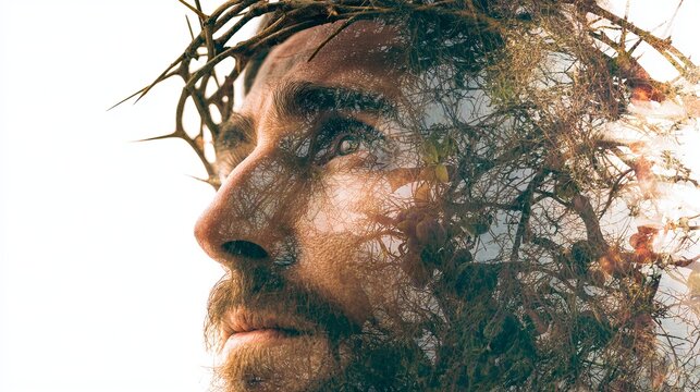 A poignant double exposure portrait of christ with a thorny crown, blending faith, sacrifice, and the beauty of nature&rsquo;s resilience.