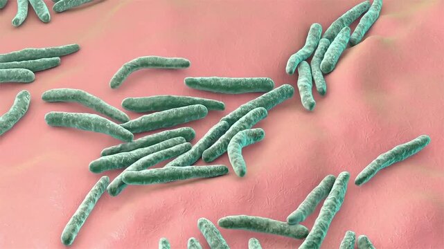 Mycobacterium tuberculosis bacterium, 3D animation showing slender rod-shaped acid-fast bacillus with rounded ends.
