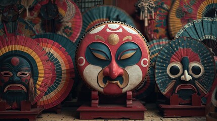 Obraz premium Traditional chinese opera masks display vibrant colors and intricate details, showcasing cultural heritage and artistic craftsmanship beautifully