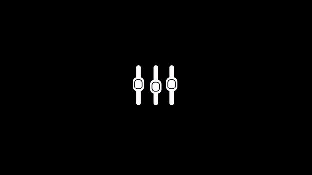 Featuring three vertical sliders animation on black background. Adjustable handles used for fine-tuning audio or visual parameters with vertical sliders. Sound console mixer sliders moving animation