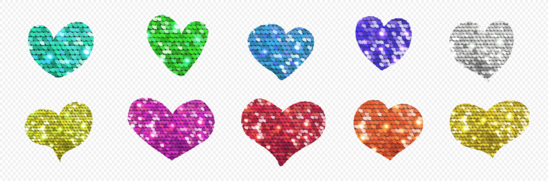 Glitter cut out hearts for scrapbook set. Trendy decoration element Colorful irregular heart paper clippings. Vintage Sparkling stickers collage Happy Valentine's Day, romantic decoration,