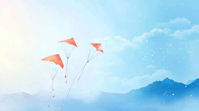 Three vibrant red kites soar gracefully against a serene blue sky with distant mountains, capturing childhood joy and freedom