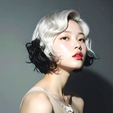 Young woman with silver and black hair posing confidently. Stylish female model with bold makeup and edgy hairstyle for fashion campaigns.