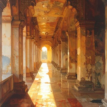 Ancient temple corridor with sunlight. Historic stone hallway with warm golden lighting.