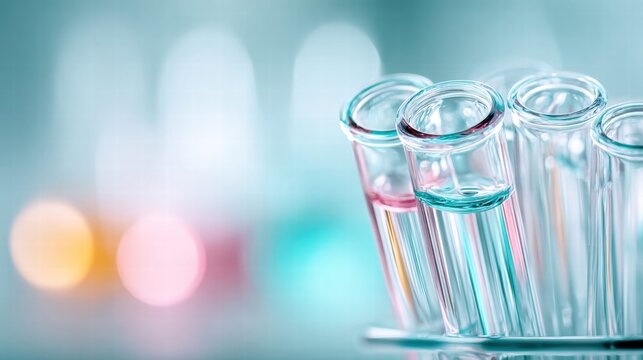 Laboratory test tubes filled with colored liquid, ready for experiments and studies.