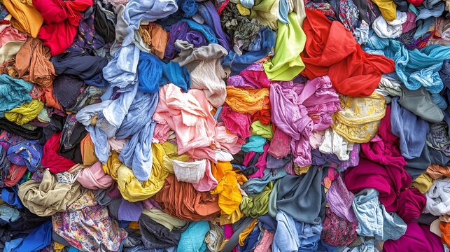 A vibrant, colorful pile of discarded textiles and fabrics, showcasing a chaotic and textured assortment of recycled clothing