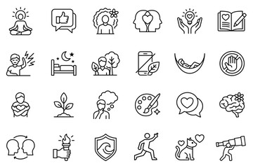 Fototapeta premium Mental Wellness and Mindfulness Icon Set. Minimalist Line Art Vector Illustrating Mental Health, Stress Relief, Self Care, and Emotional Well-being for Psychological Care and Healthcare Designs.