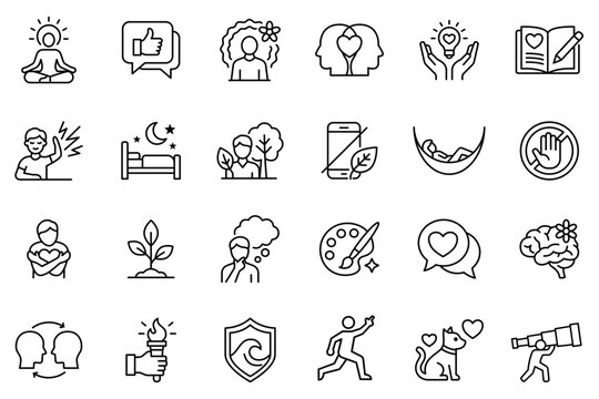 Mental Wellness and Mindfulness Icon Set. Minimalist Line Art Vector Illustrating Mental Health, Stress Relief, Self Care, and Emotional Well-being for Psychological Care and Healthcare Designs.