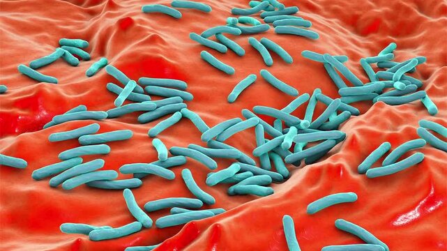 Mycobacterium tuberculosis bacterium, 3D animation showing slender rod-shaped acid-fast bacillus with rounded ends.