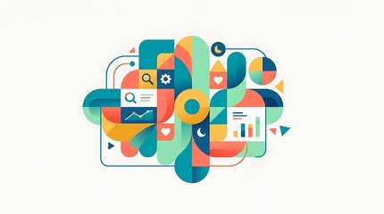 Fototapeta premium Colorful geometric brain concept with data visualization icons