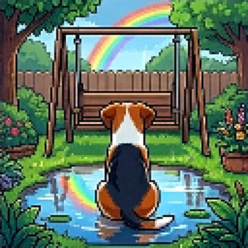 Dog Sitting Under Rainbow by Pool, Pixel Art Illustration