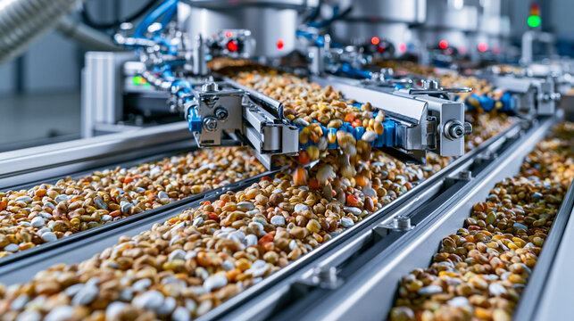 AI generator images of Advanced optical seed sorting machine using AI vision technology, colorful crop seeds moving on conveyor belts, automated agricultural processing equipment, precision manufactur