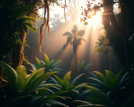 For&ecirc;t tropicale majestueuse inond&eacute;e de rayons de soleil dor&eacute;s traversant le feuillage dense avec des foug&egrave;res lumineuses et une atmosph&egrave;re magique