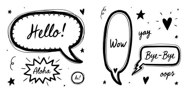 Speech Bubbles with Words and Doodles in a Hand-Drawn Style Featuring Illustration, Text, Greeting with Farewell and Wow Elements