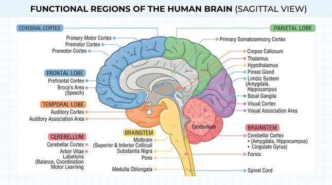 Detailed vector diagram mapping anatomical functions and sections of the human brain