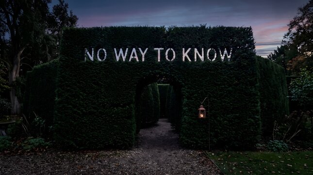 An imposing hedge maze entrance under a twilight sky, marked with 'No Way To Know,' serving as a powerful metaphor for life's deep uncertainties, confusion, and the mystery of the unknown.