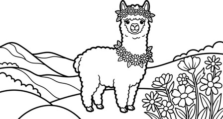 Fototapeta premium Cute cartoon llama wearing flower crown and necklace standing in floral field with rolling hills background happy alpaca illustration line art.