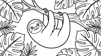 Fototapeta premium Funny cartoon sloth hanging on tree branch surrounded by tropical leaves illustration line art adorable slow animal character.