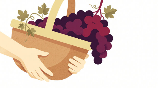 Hands holding basket filled with freshly picked purple grapes  