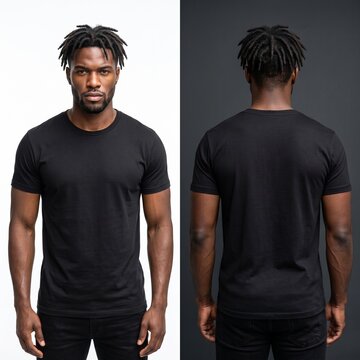 Front and back split screen portrait of a serious young Black man in his 20s wearing a blank black t-shirt indoors, apparel mockup concept