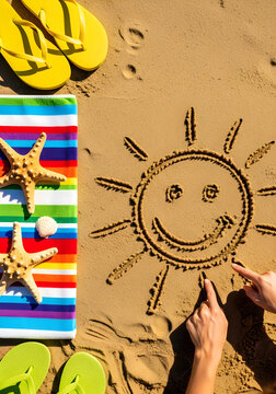 Sunny Beach Fun Drawing a Happy Sun Face in Golden Sand
