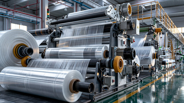 AI generator images of Large-scale industrial machinery used for the production and winding of plastic film (such as stretch film or wrapping film) within an automated factory production line, featuri