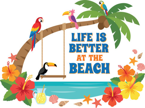 Tropical beach quote with exotic birds. Summer vacation design with palm tree and flowers.